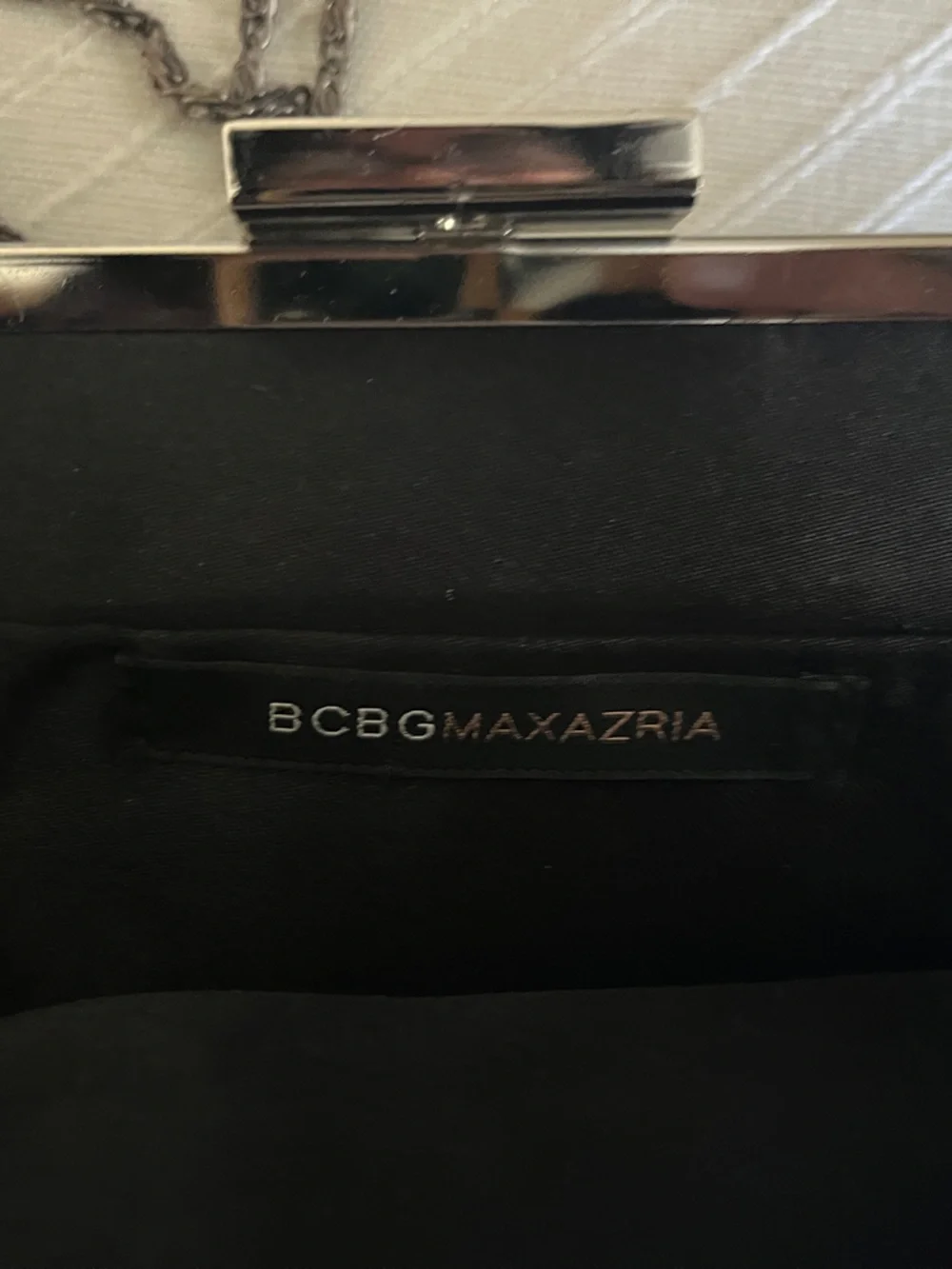 BCBGMaxAzria Black Satin Clutch with Gunmetal Chain